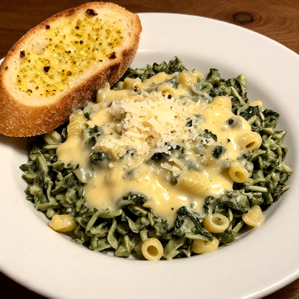 Plated creamed spinach and artichokes with garlic bread