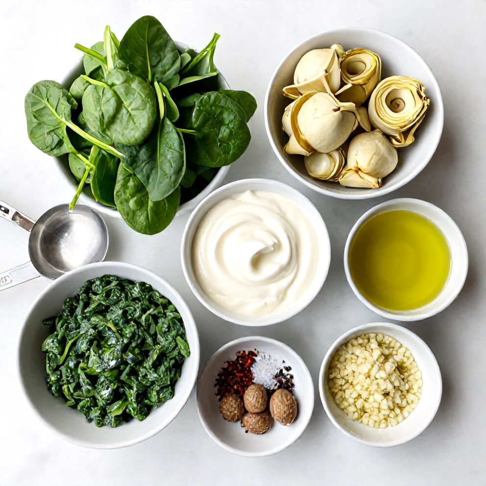 Raw ingredients for creamed spinach and artichokes