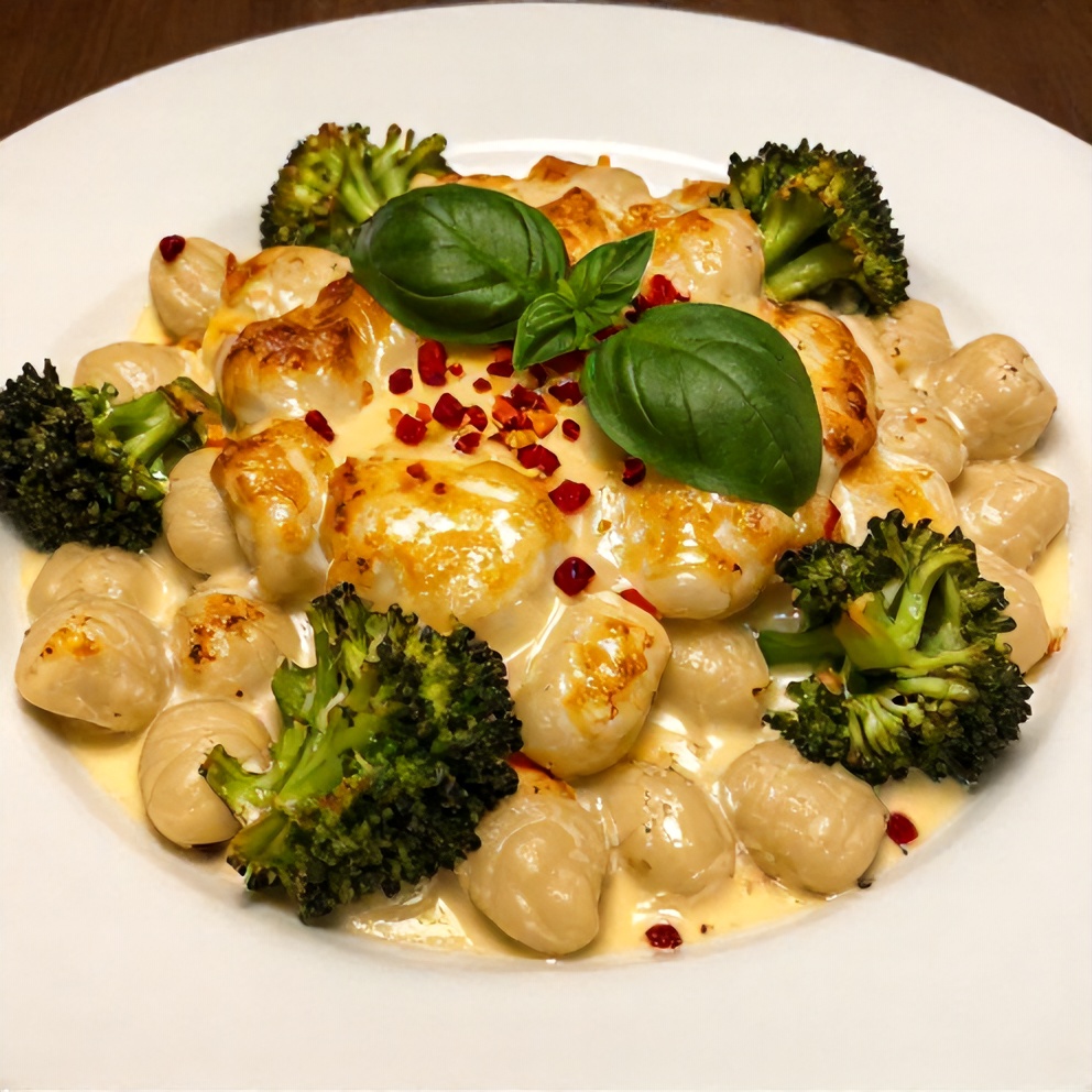 Plated serving of Creamy Gnocchi and Broccoli Bake