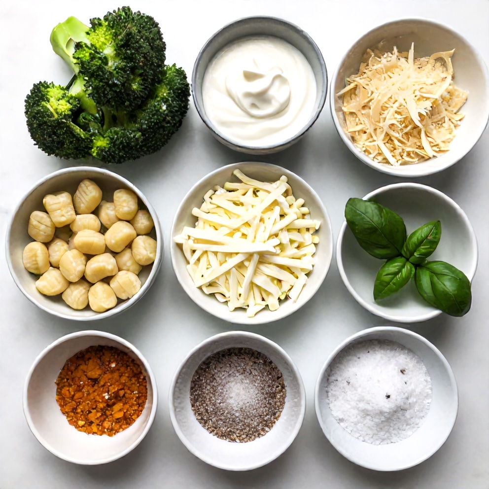 Raw ingredients for Creamy Gnocchi and Broccoli Bake