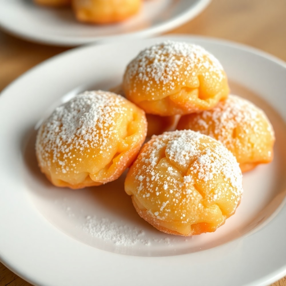 Bunuelos dusted with powdered sugar on a white plate