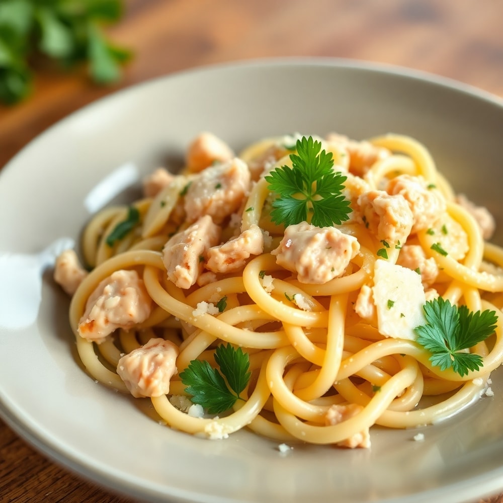 Chicken caesar pasta salad plated with parmesan
