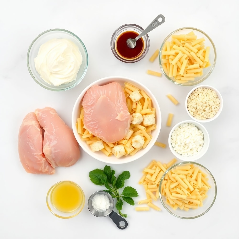 Raw ingredients for chicken caesar pasta salad