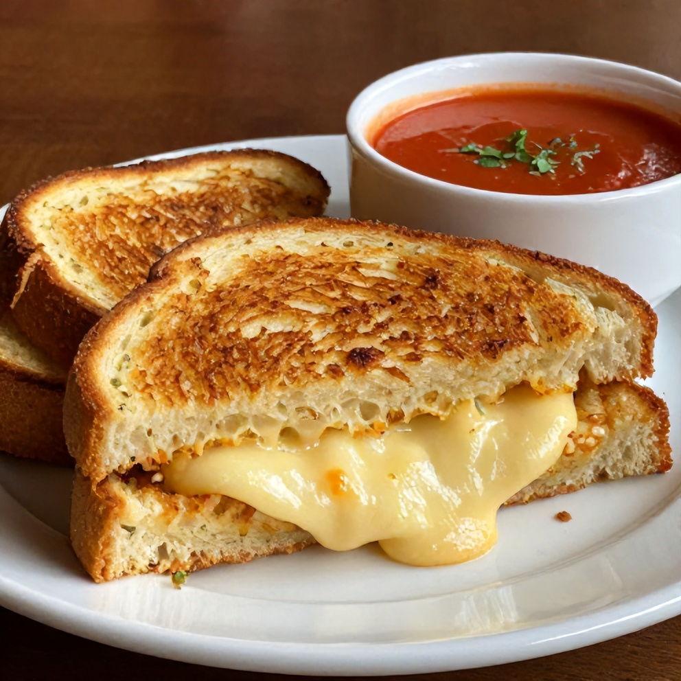 One perfect plated serving of garlic bread grilled cheese sandwich with a side of tomato soup