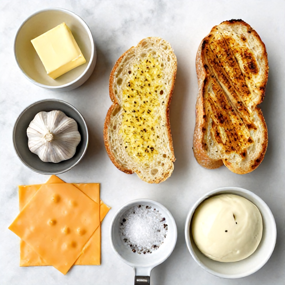 Raw ingredients for garlic bread grilled cheese sandwich on a white marble surface