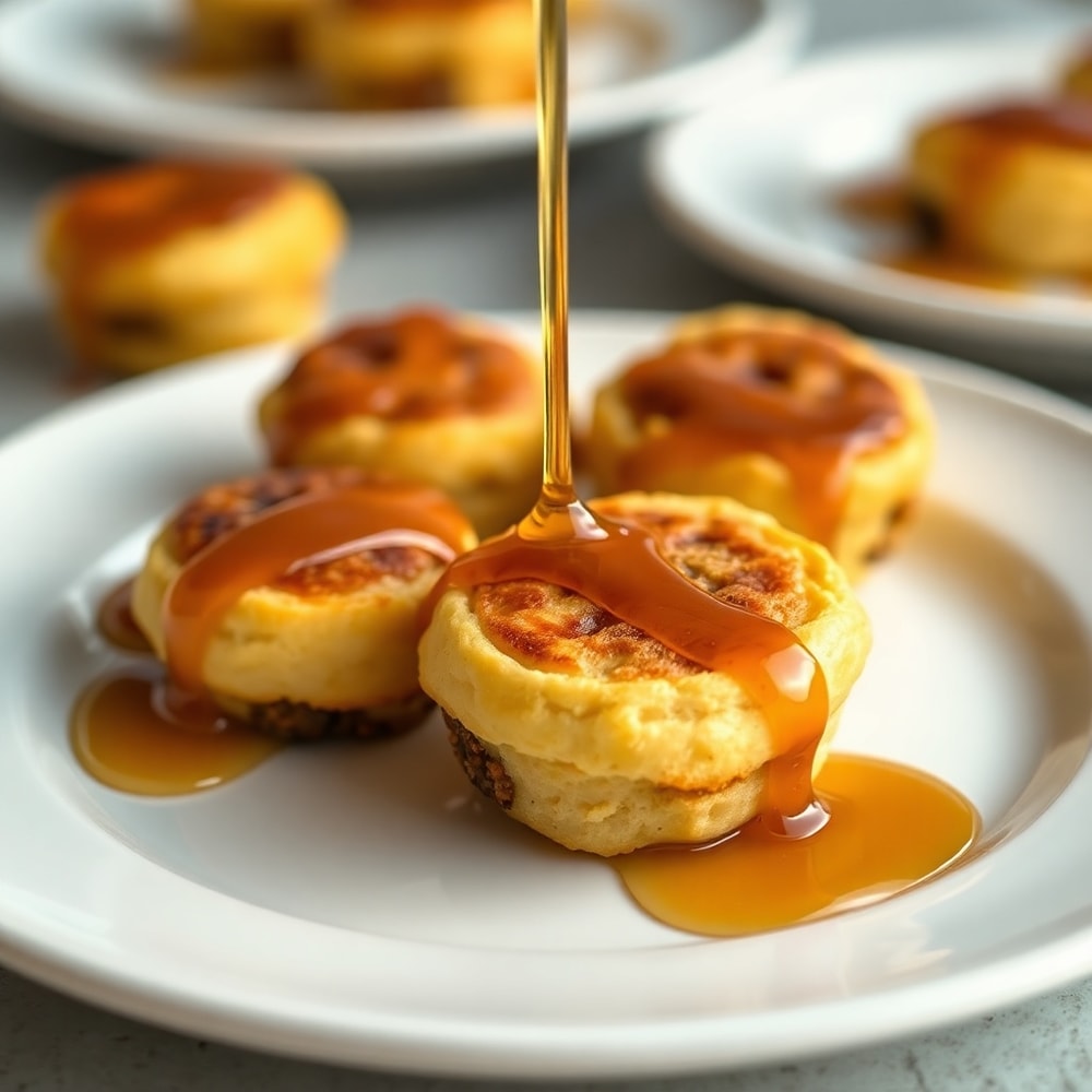 Plated Sausage Pancake Bites with maple syrup