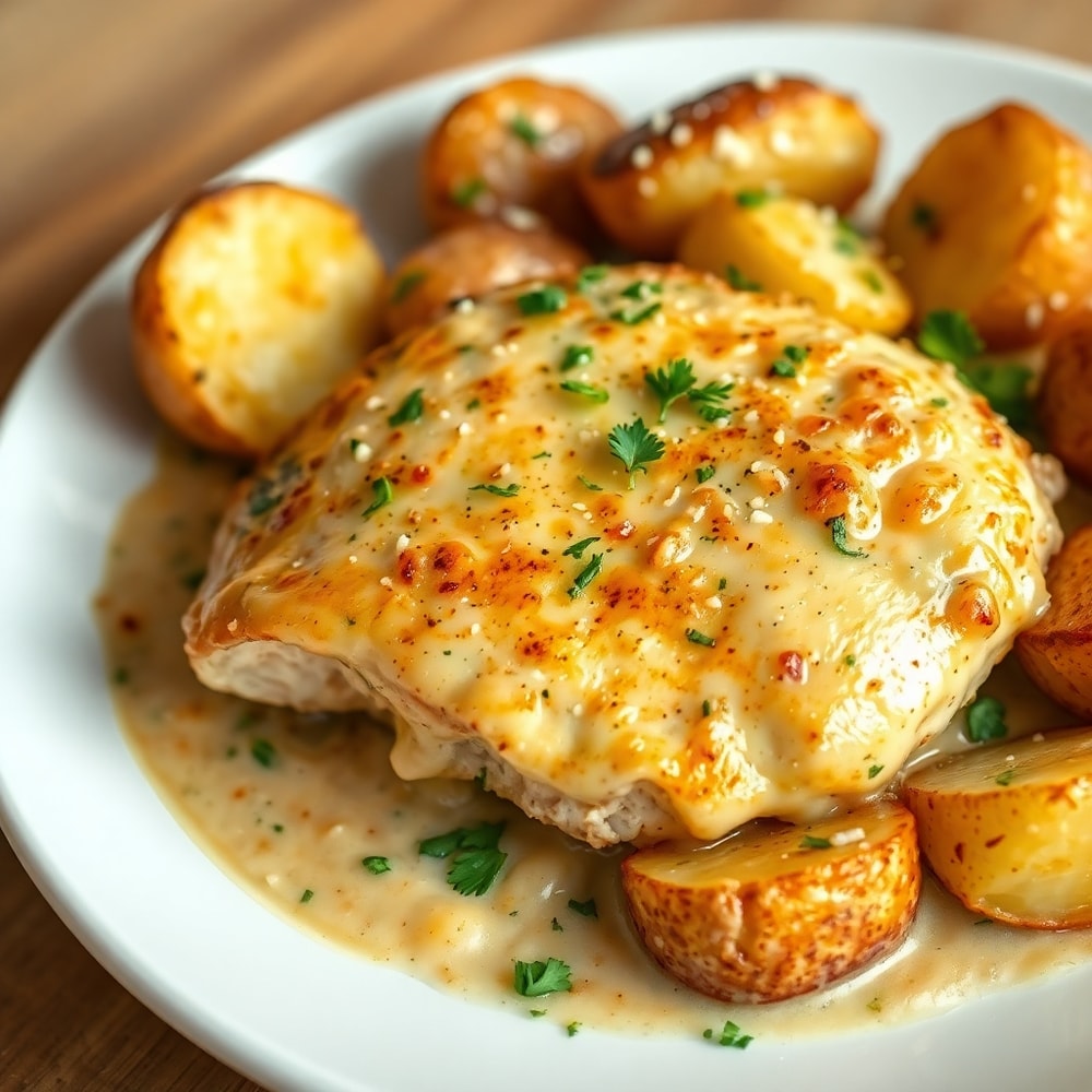 Plated Crockpot Garlic Parmesan Chicken and Potatoes