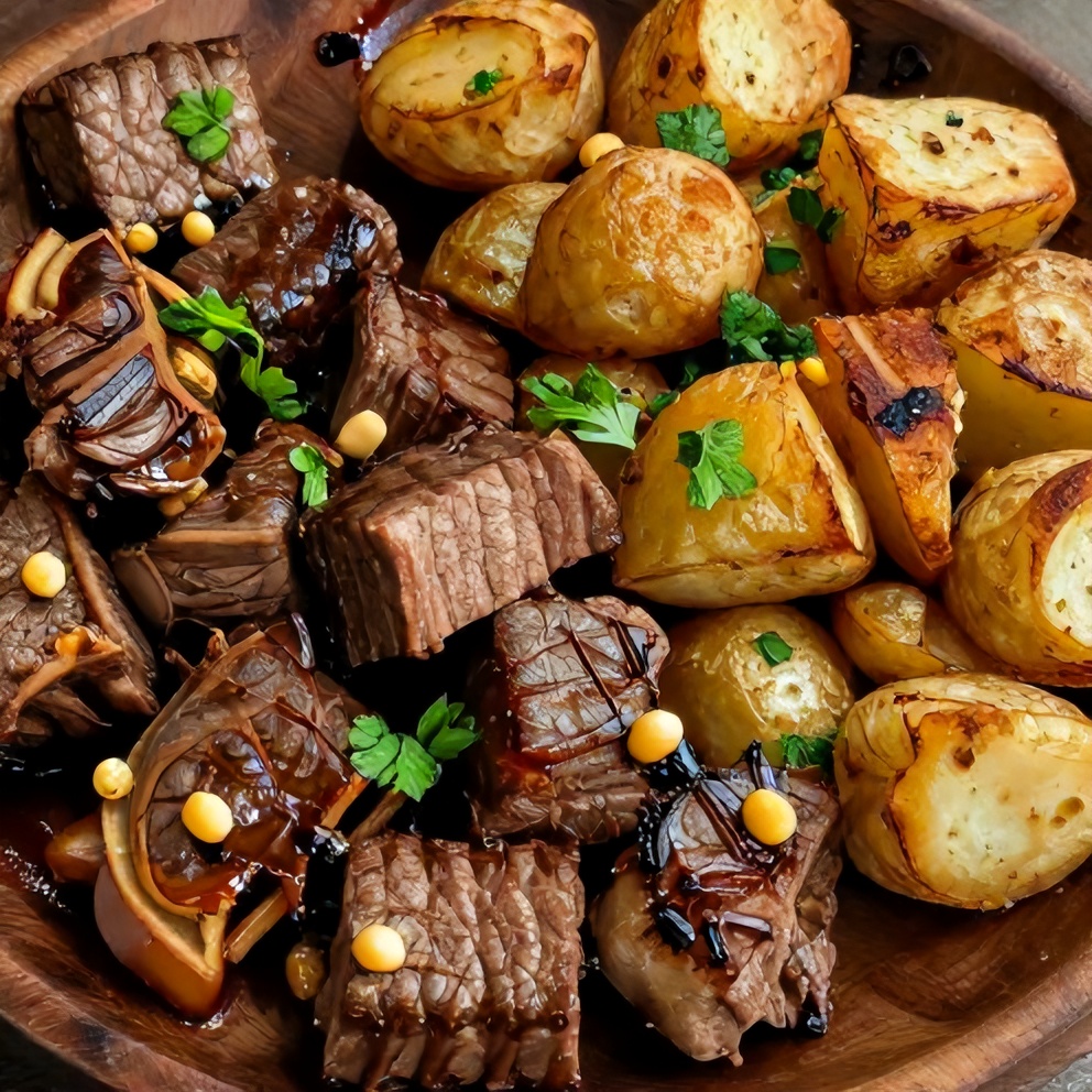 Plated garlic butter steak bites with potatoes