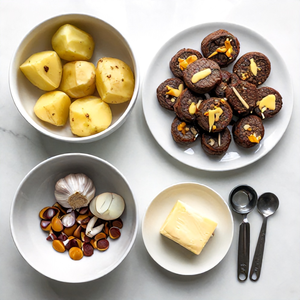 Raw ingredients for garlic butter steak bites with potatoes