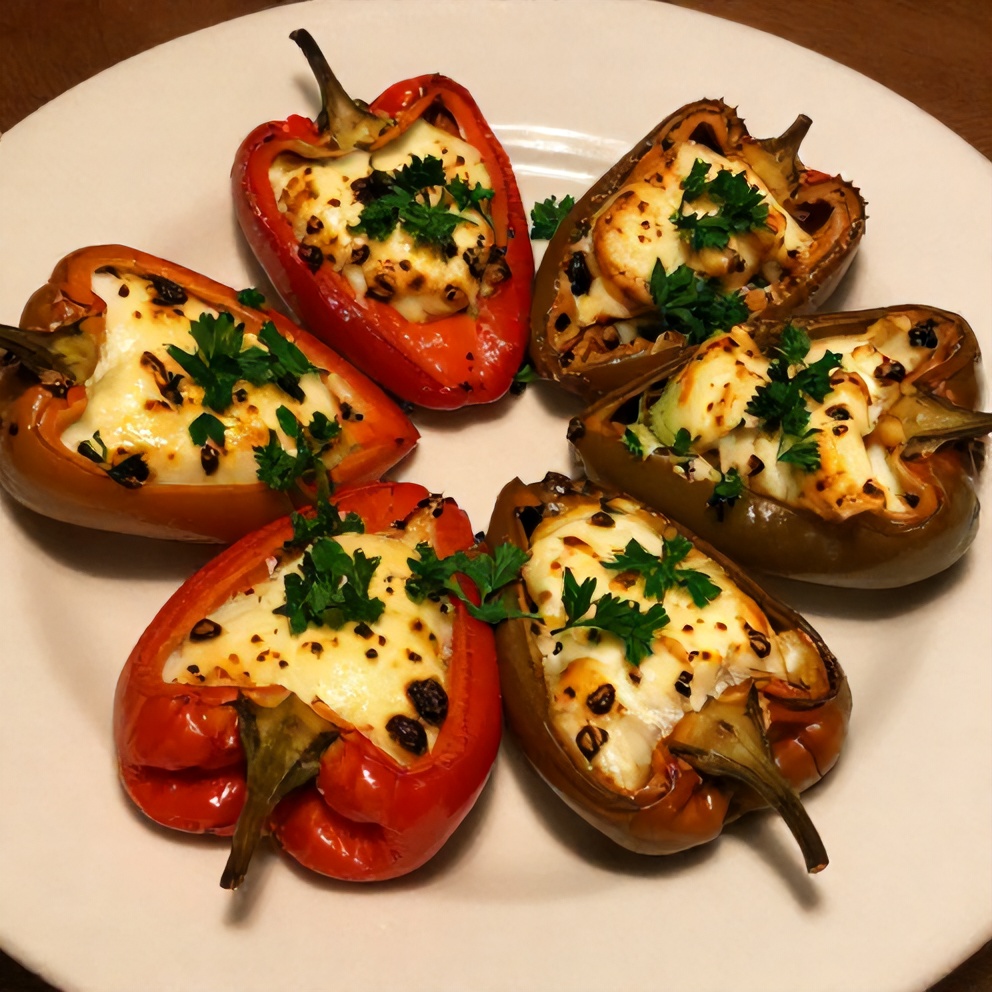Plated goat cheese stuffed mini peppers with fresh parsley