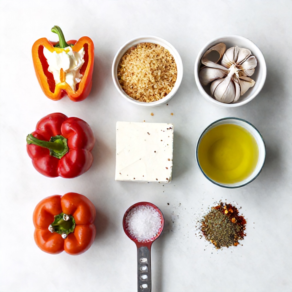 Raw ingredients for goat cheese stuffed mini peppers on a marble surface