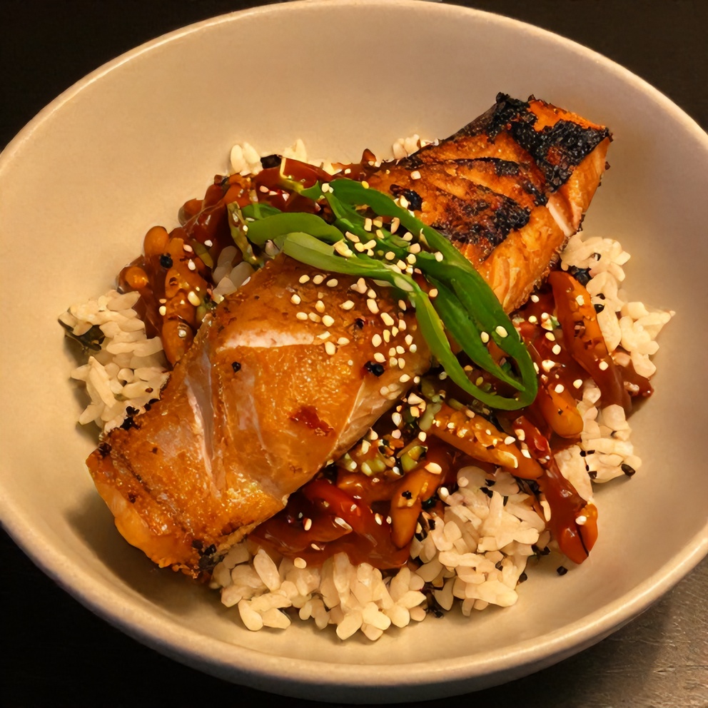 Plated gochujang butter salmon rice bowl with crispy salmon and green onions