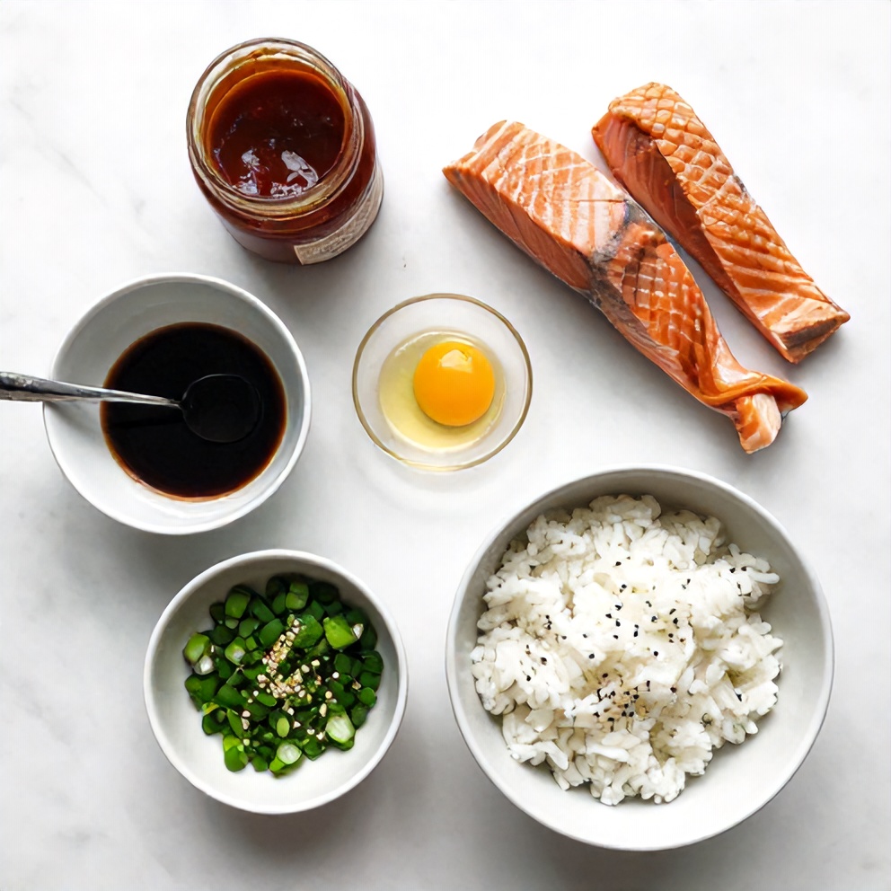 Raw ingredients for gochujang butter salmon rice bowl: salmon fillets, gochujang paste, soy sauce, honey, garlic, green onions, sesame seeds, rice