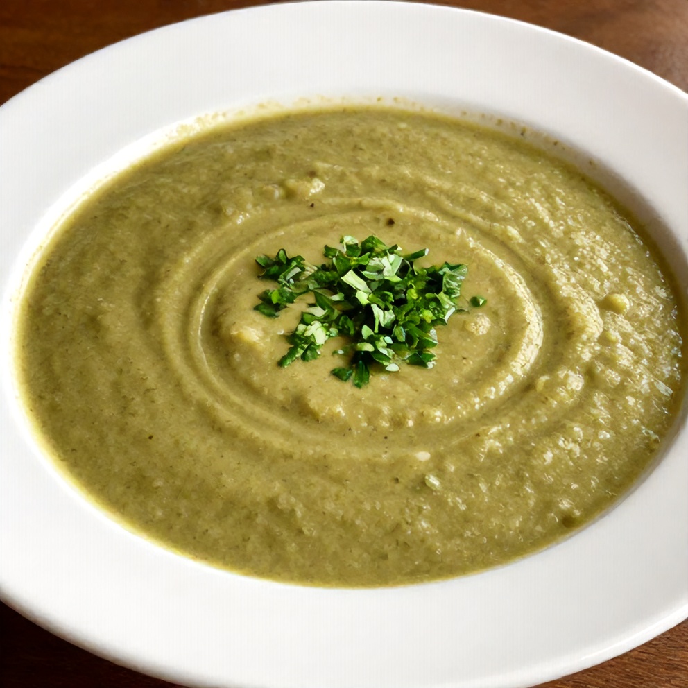 One perfect serving of Green Vegetable Soup plated in a white bowl, garnished with a sprinkle of chopped parsley, with warm side lighting highlighting the creamy texture