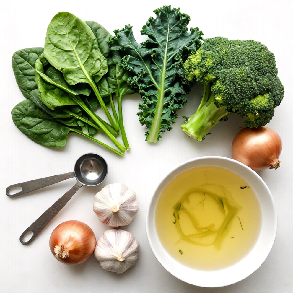 Overhead flat lay of spinach, kale, broccoli, garlic, onion, and vegetable broth, with measuring spoons and prep bowls on a white marble surface under bright even light