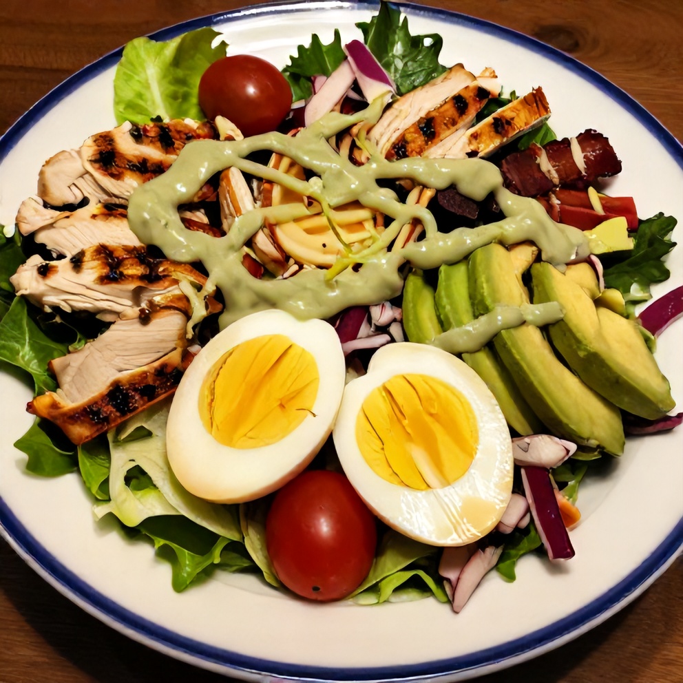 Plated Grilled Chicken Cobb Salad with avocado dressing