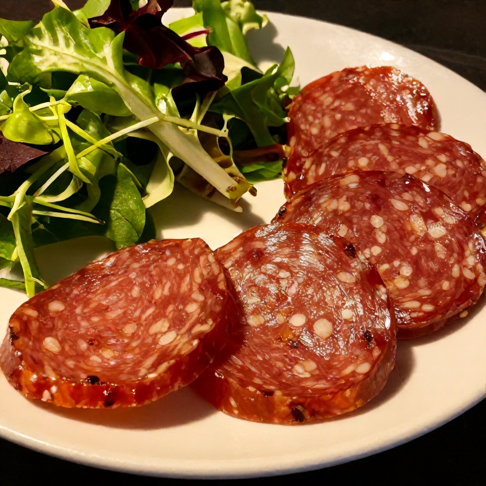 Vegan salami slices on a plate with a side of mixed greens
