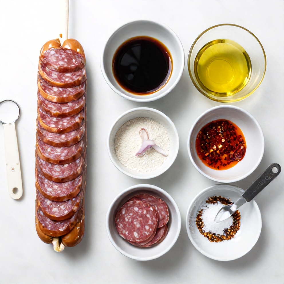 Raw ingredients for vegan salami: vital wheat gluten, water, soy sauce, olive oil, smoked paprika, garlic powder, onion powder, salt, and pepper