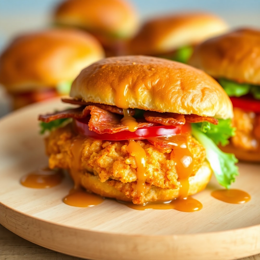 Honey Mustard BLT Chicken Sliders on a serving plate with a side of fries
