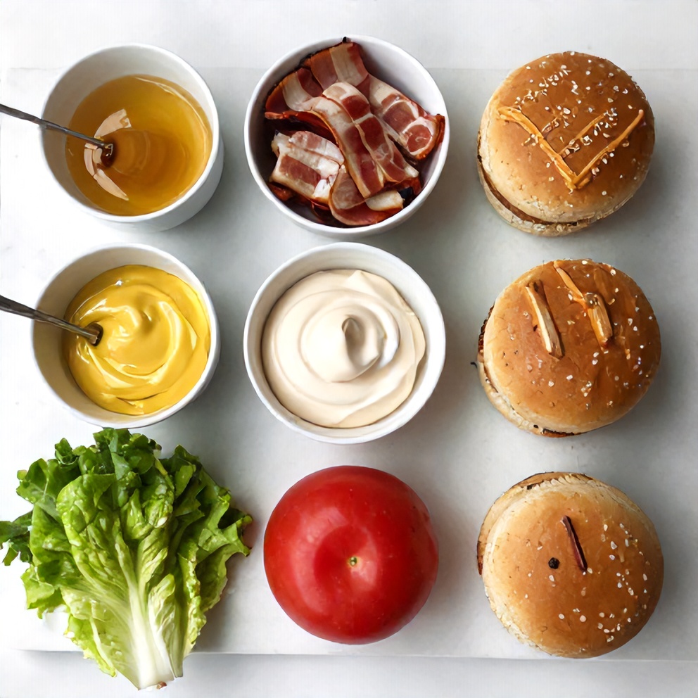 Raw ingredients for Honey Mustard BLT Chicken Sliders arranged on a marble surface