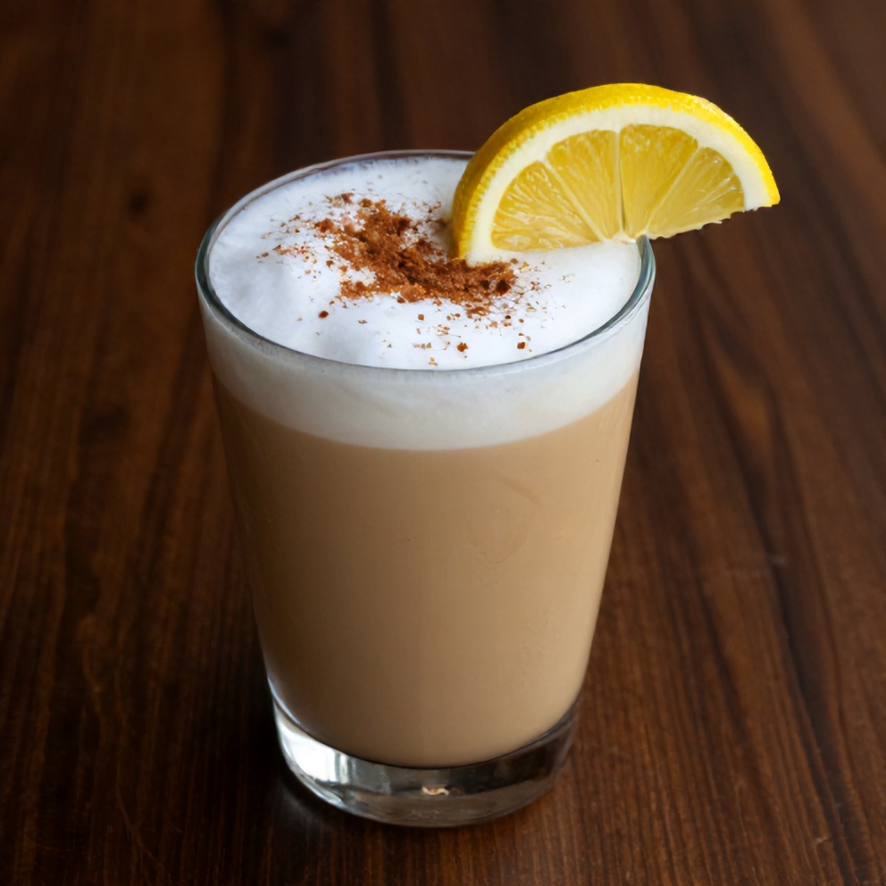 Iced Spanish Latte garnished with a lemon slice