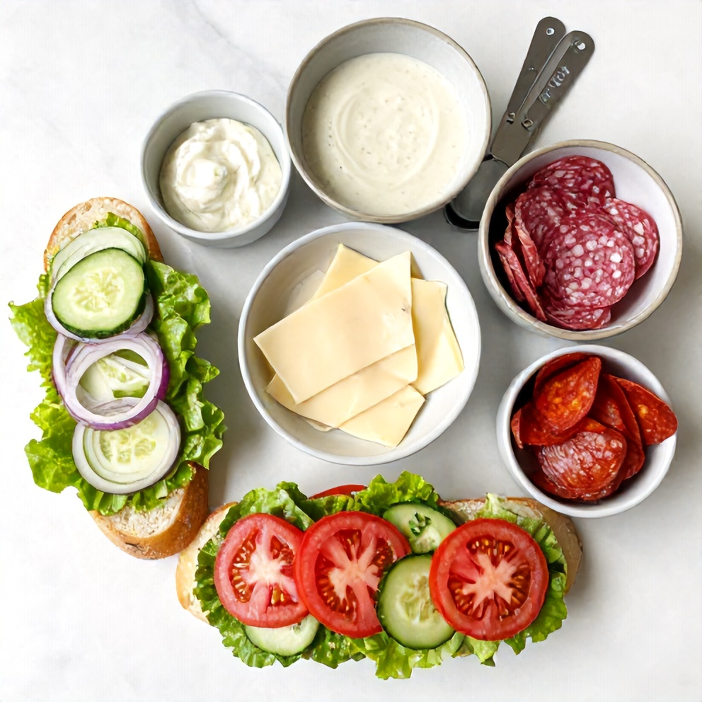 Italian grinder salad sandwich ingredients on a white marble counter