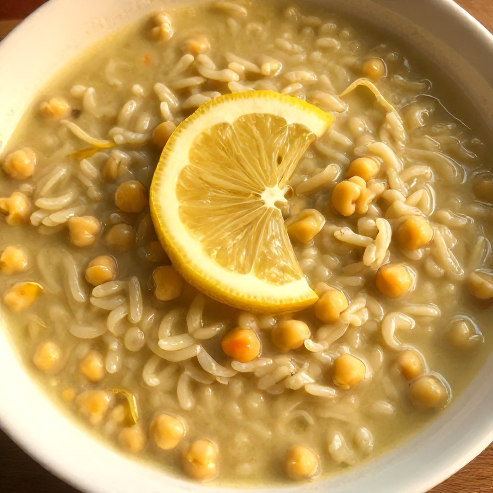 Lemon Chickpea Orzo Soup served in a bowl with a lemon slice