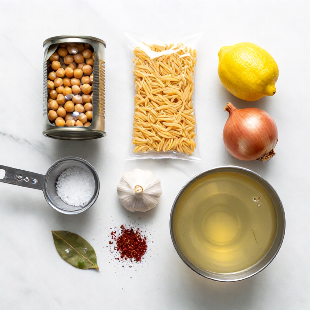 Raw ingredients for Lemon Chickpea Orzo Soup on a marble surface