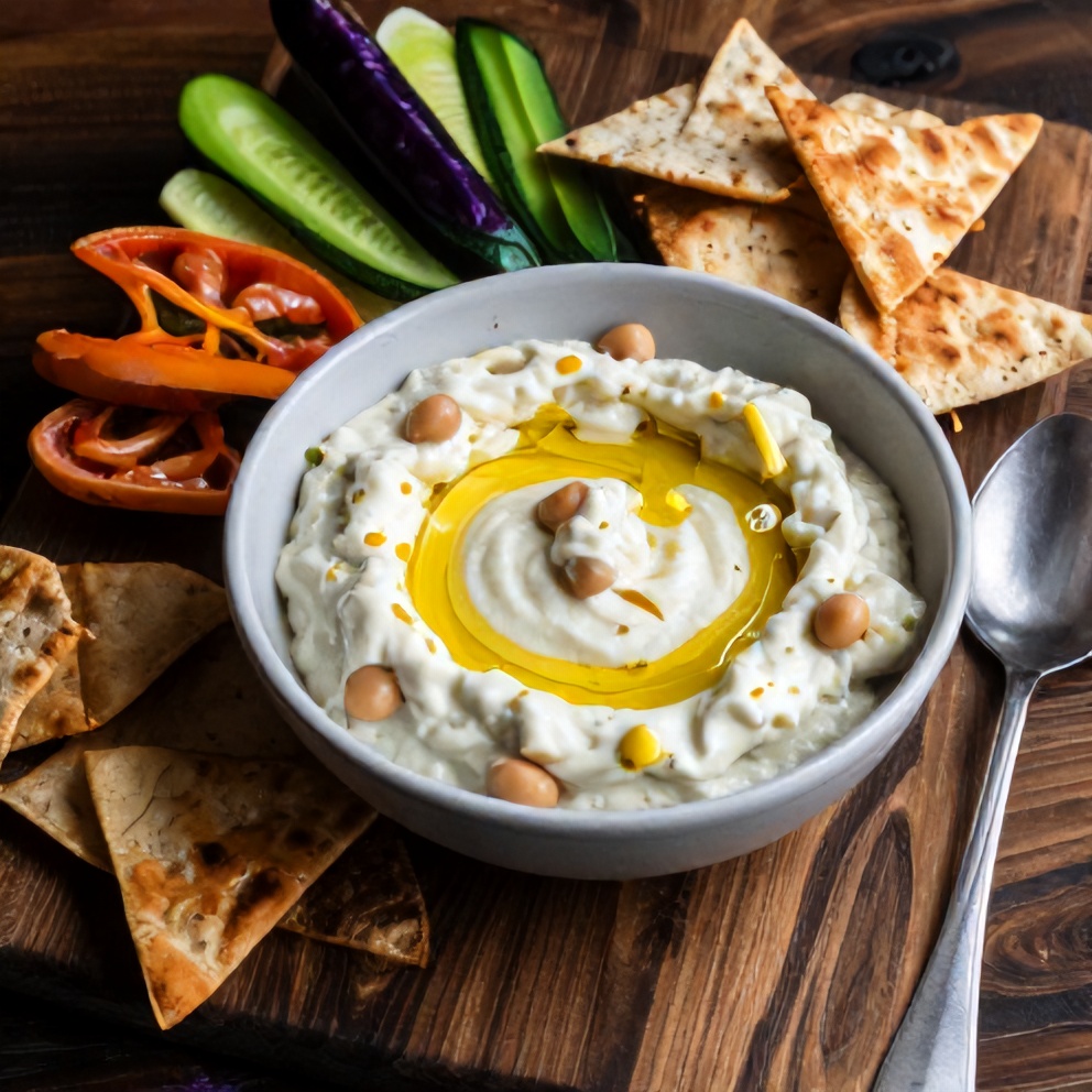 Lemon Herb White Bean Dip served with pita chips and veggies on a wooden board