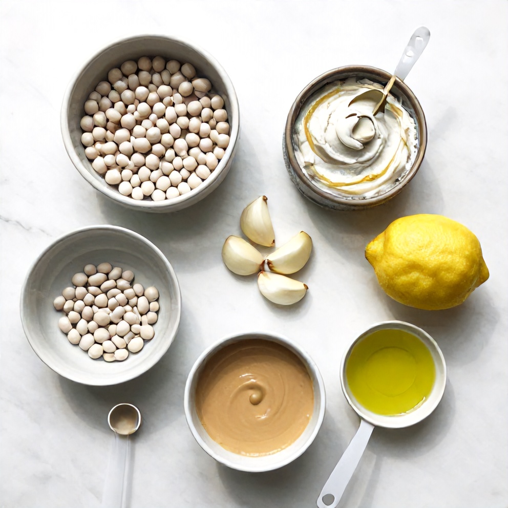 White beans, garlic, lemon, tahini, olive oil, salt, pepper, and fresh herbs on a cutting board