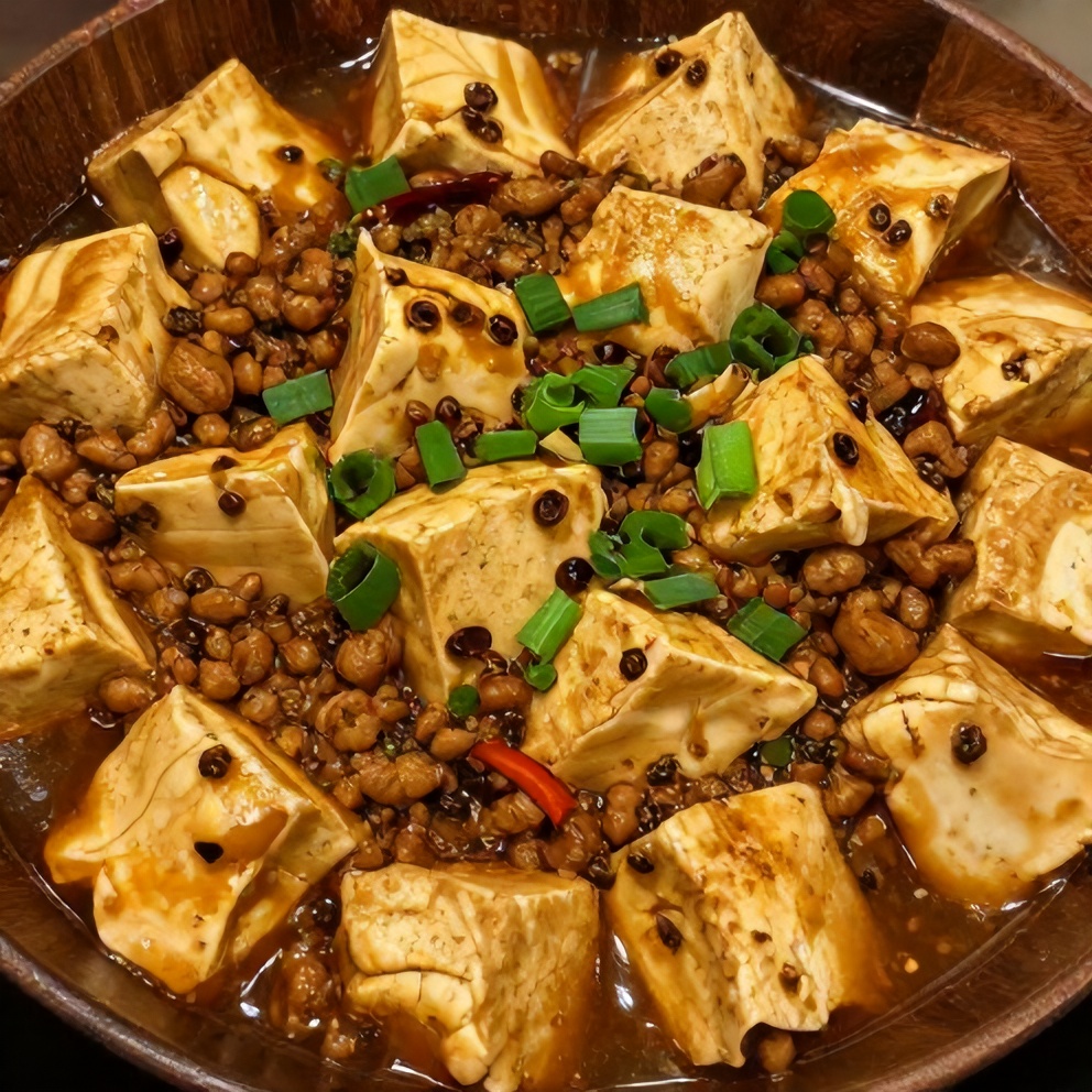 Mapo Tofu Ready to Serve: Topped with Green Onions and Sichuan Peppercorns
