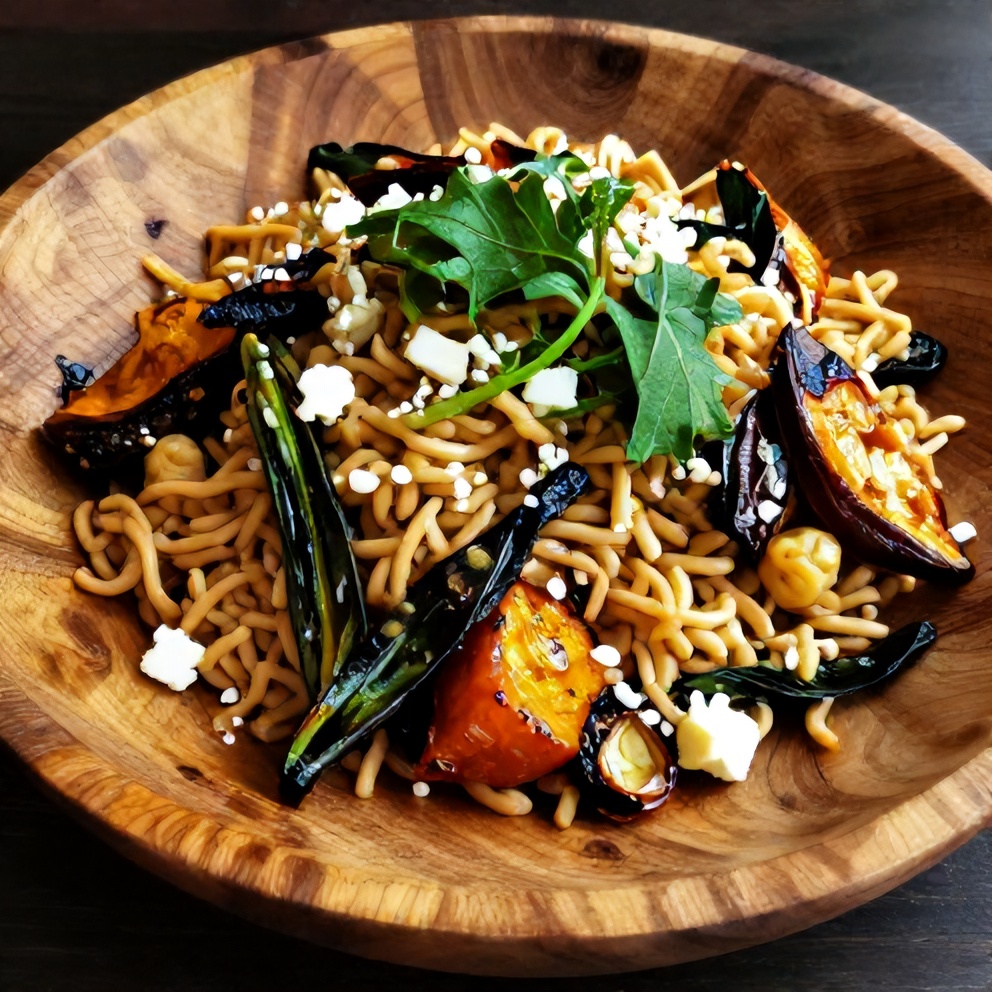 Plated farro salad with roasted vegetables and fresh herbs