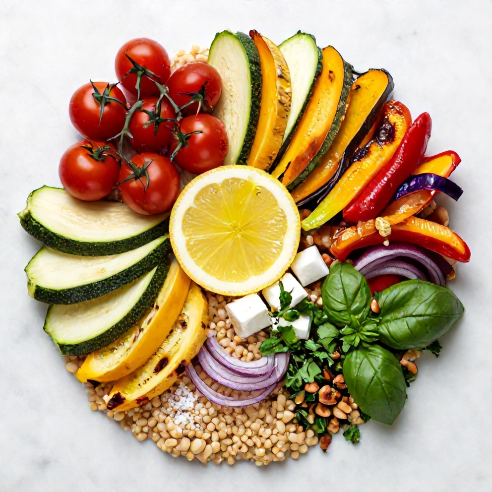 Raw ingredients for farro salad with roasted vegetables on a marble surface