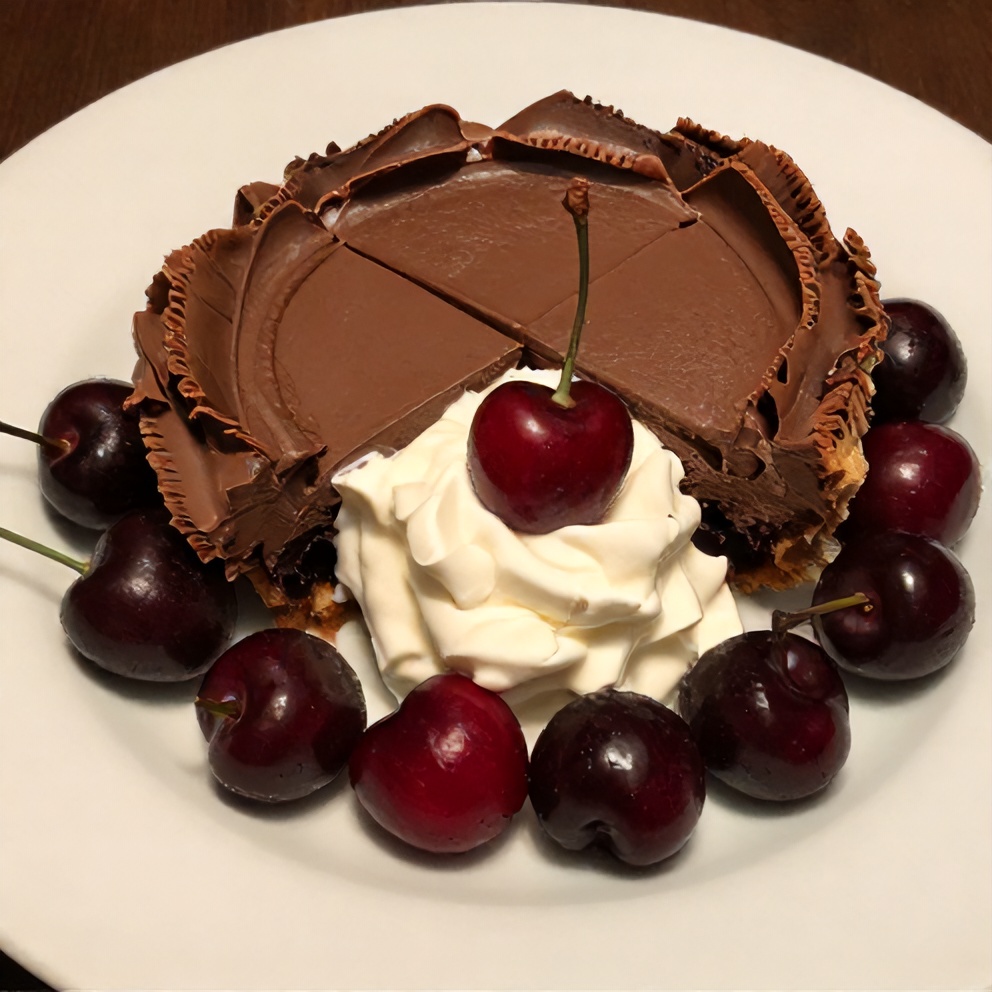 One perfect plated serving of Easy No-Bake Chocolate Cherry Cream Pie on a white plate, garnished with fresh cherries and a dollop of whipped cream.