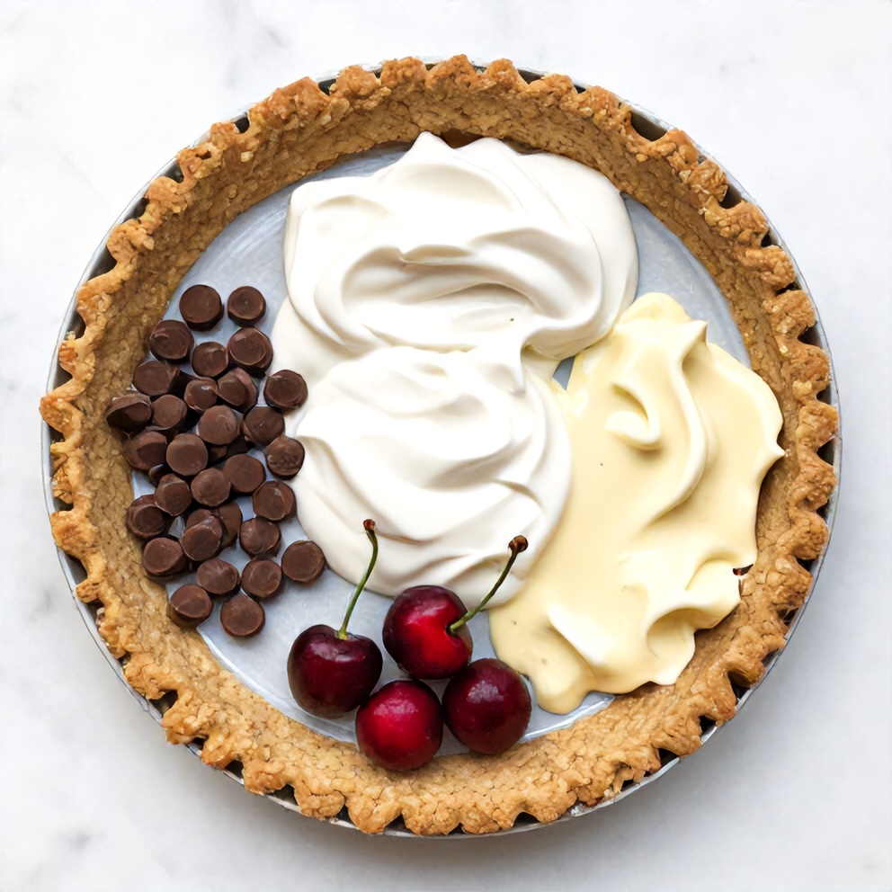 Overhead flat lay of graham cracker crust, chocolate chips, sweetened condensed milk, heavy cream, vanilla extract, and fresh cherries on a white marble surface.