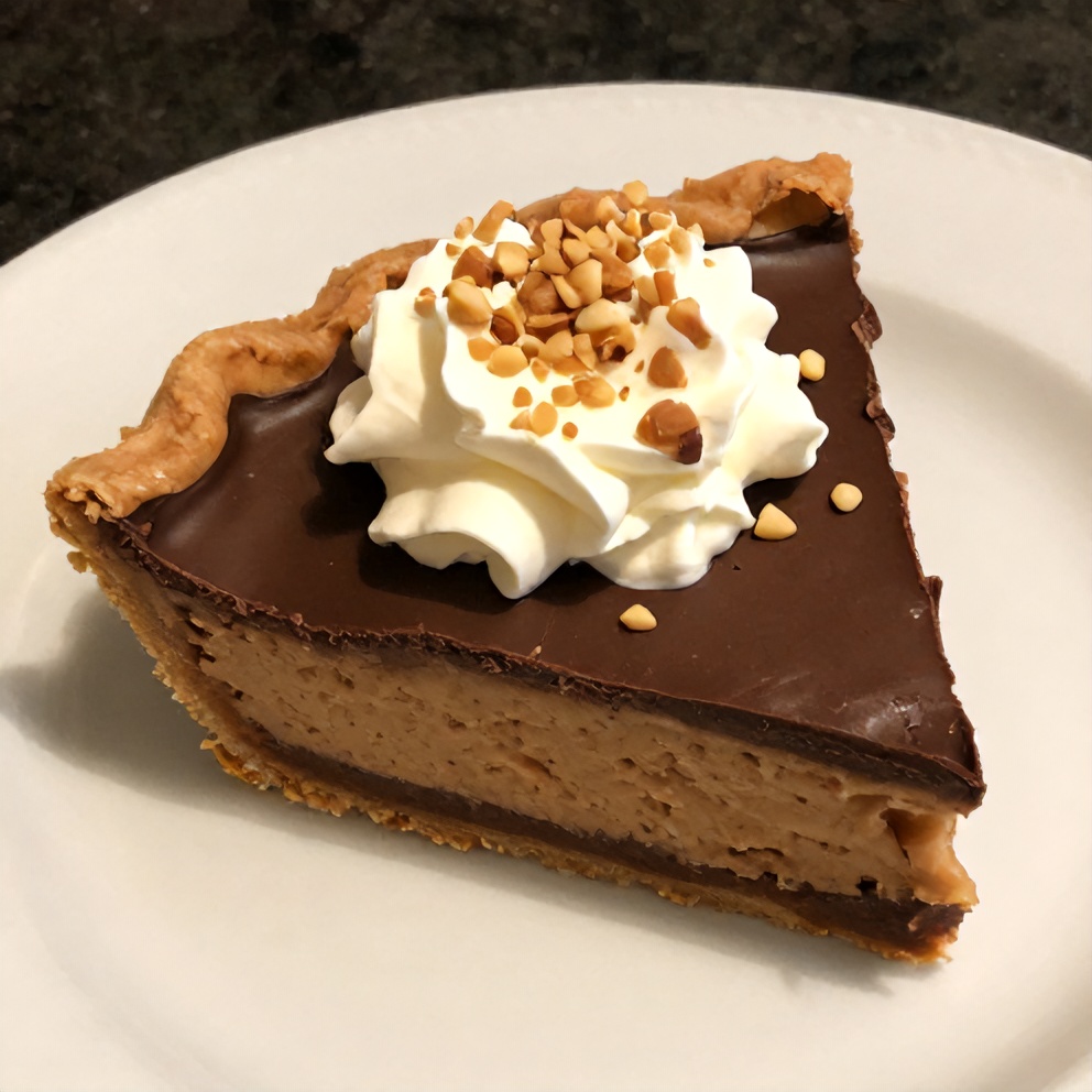 Sliced No-Bake Chocolate Peanut Butter Pie on a Plate