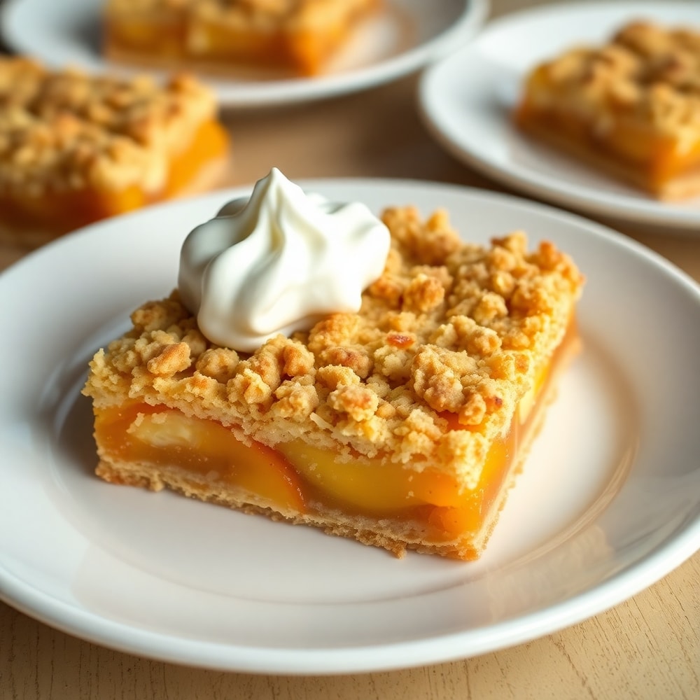 A perfect serving of Peaches and Cream Crumble Bars on a white plate