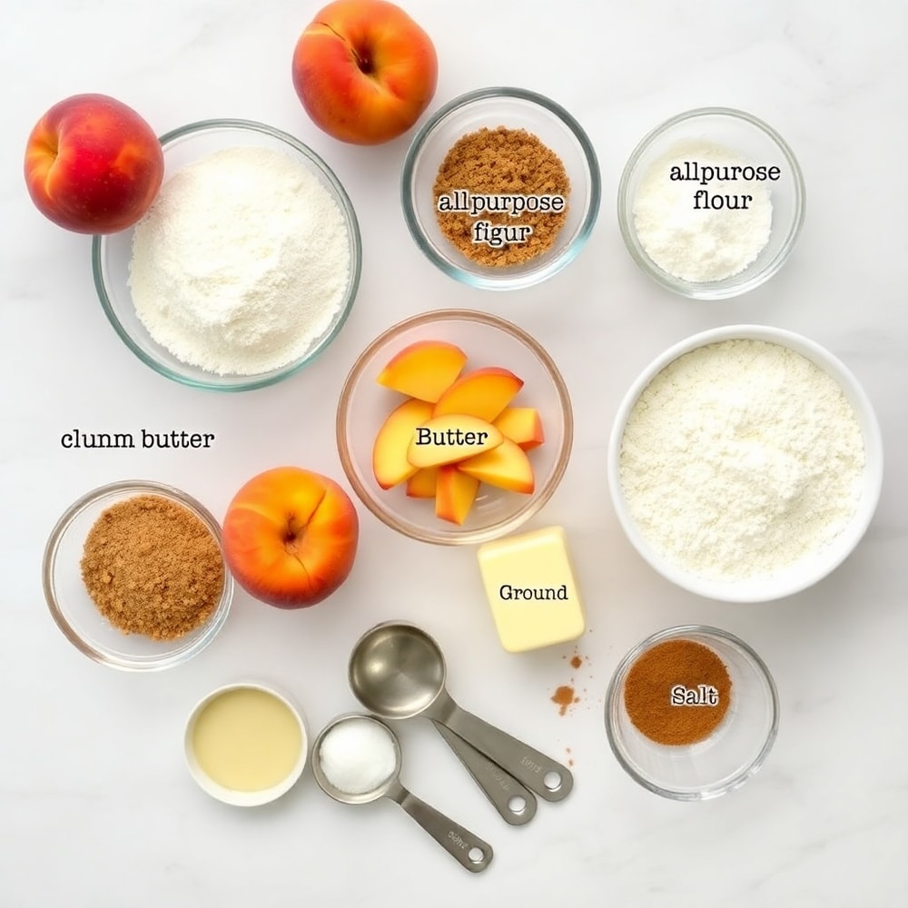 Raw ingredients for Peaches and Cream Crumble Bars on a white marble surface