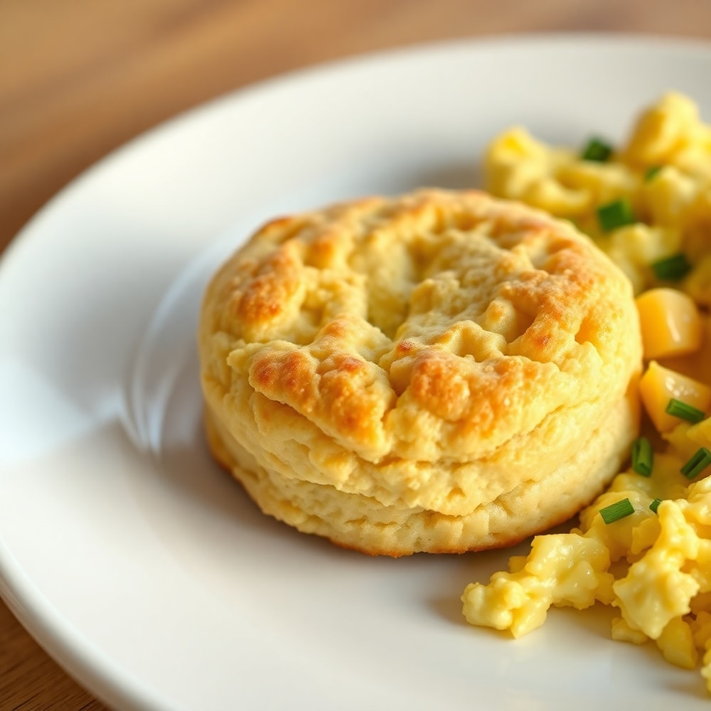Plated protein biscuit with a side of scrambled eggs