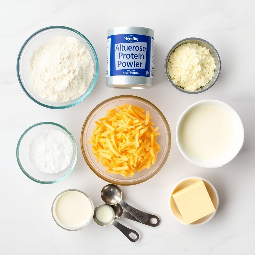 Raw ingredients for protein biscuits including protein powder, cheese, and baking powder