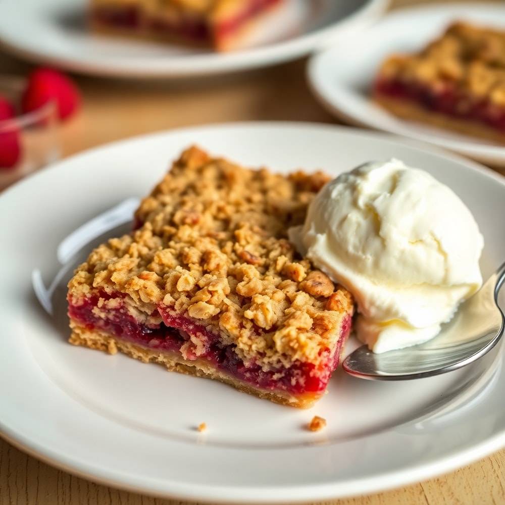 Plated Raspberry Oatmeal Crumble Bars with a scoop of vanilla ice cream
