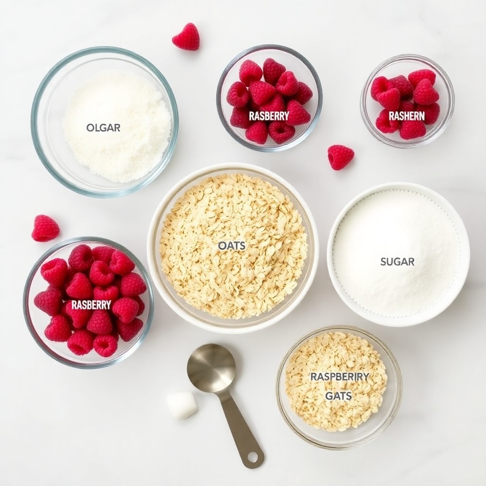 Raw ingredients for Raspberry Oatmeal Crumble Bars including oats, raspberries, and sugar