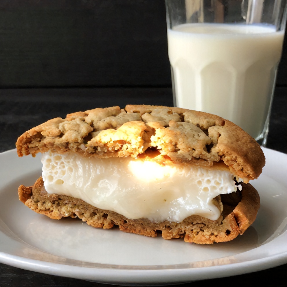 Sliced S'mores cookie cake on a plate with a glass of milk