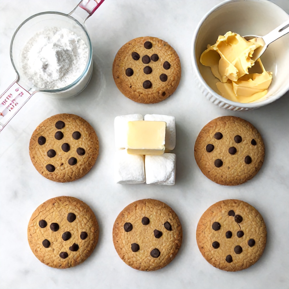 Graham crackers, chocolate chips, marshmallows, butter, and sugar arranged on a wooden surface