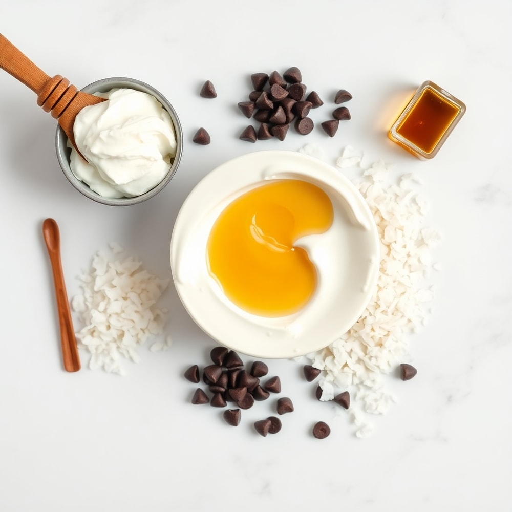 Greek yogurt, honey, coconut, chocolate chips, and vanilla extract arranged on a white marble surface