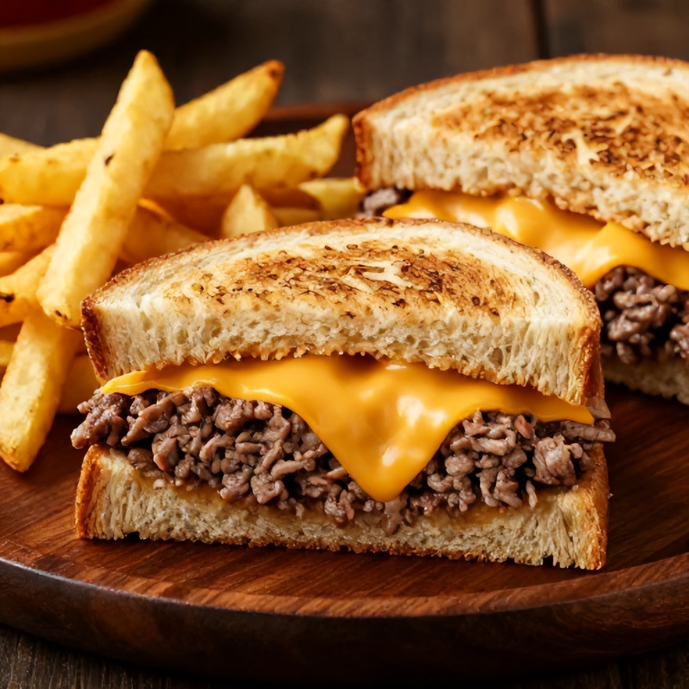 Beef and cheddar sandwiches on a plate with a side of fries