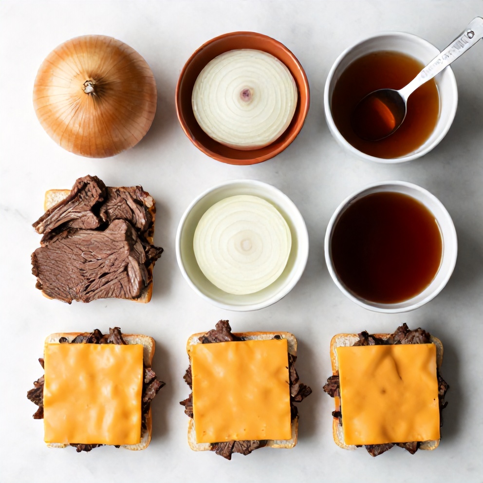 Raw ingredients for beef and cheddar sandwiches on a wooden surface
