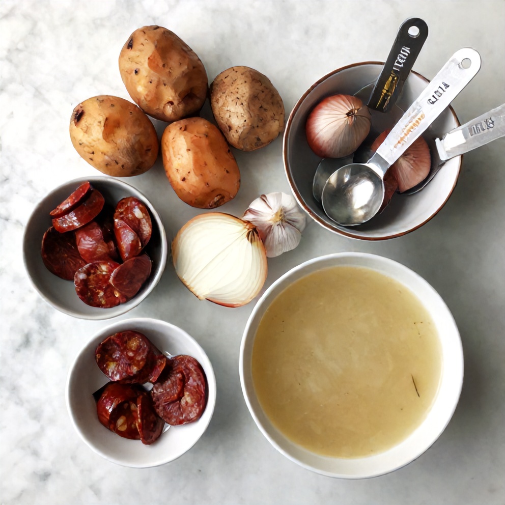 Spanish Potato Soup ingredients on a marble counter