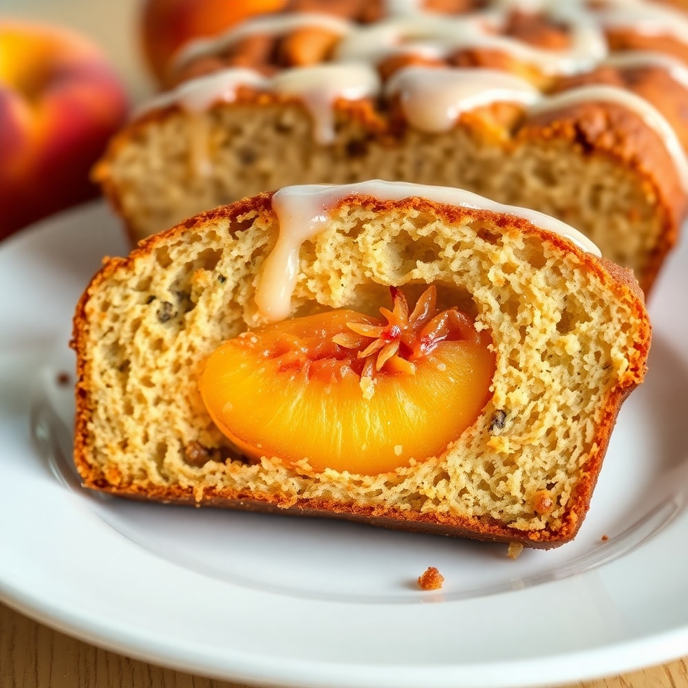 Slice of Easy Spiced Peach Bread with a fork