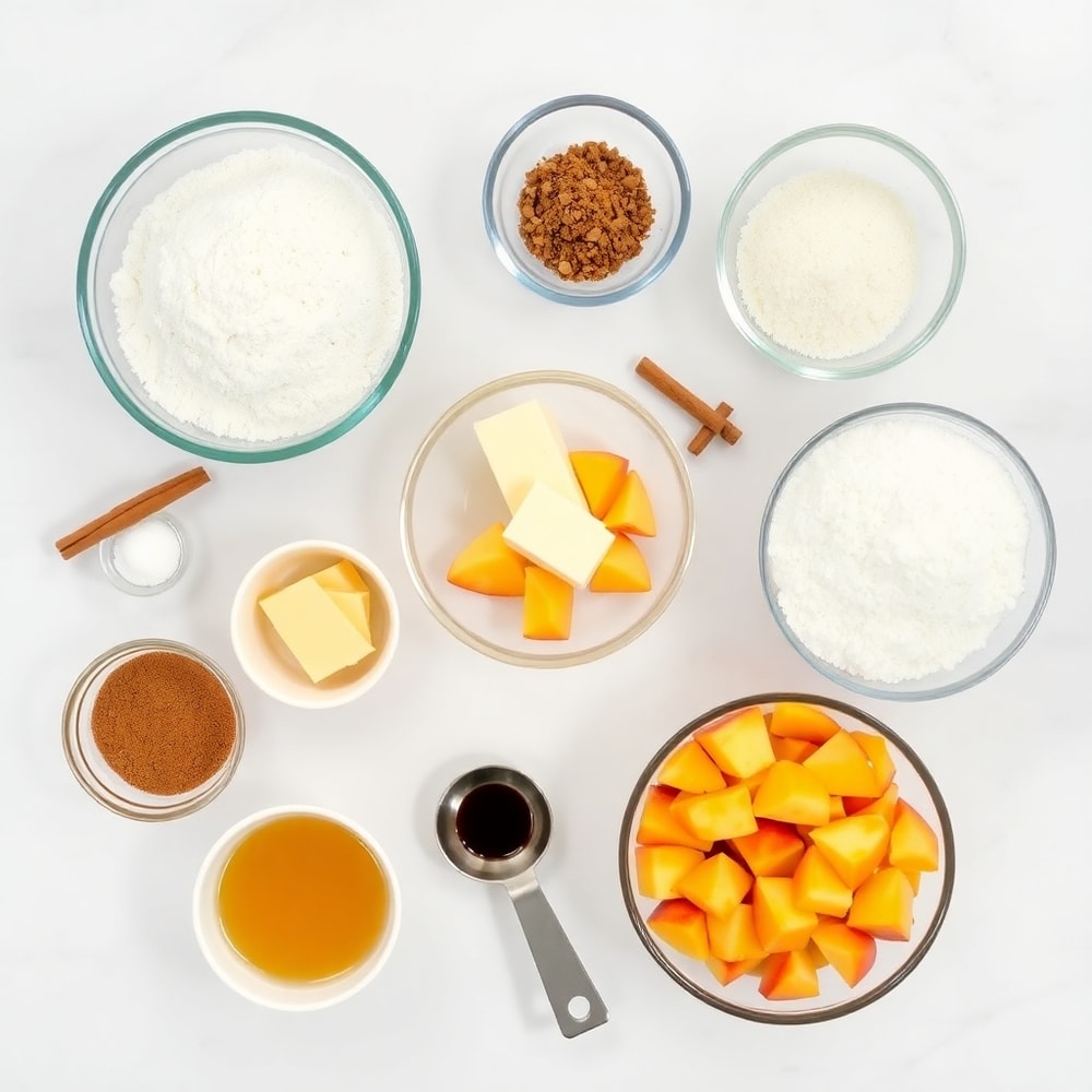 Ingredients for Easy Spiced Peach Bread on a marble surface